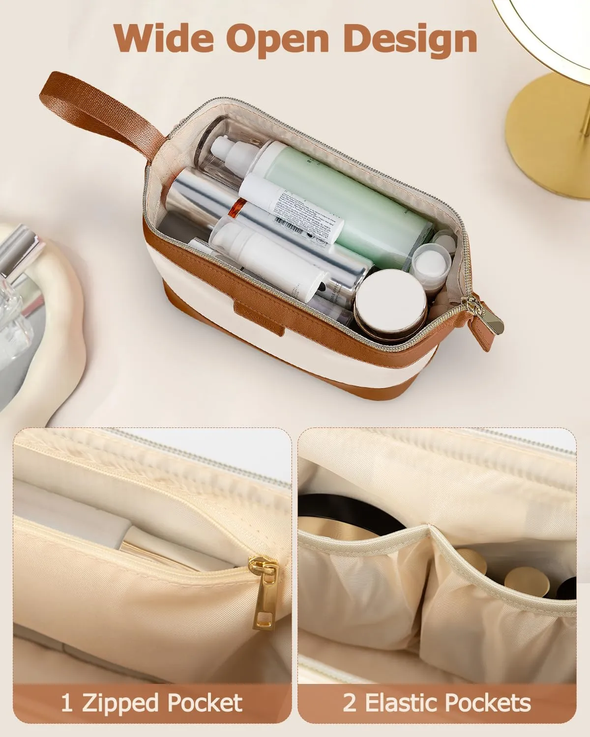 Wedama Makeup Bag, Large Capacity Travel Cosmetic Bag, PU Leather Makeup Pouch Wide Open Make up Organizer Bag Portable Makeup Case Waterproof Toiletry Bag with Handle for Women Girls, Beige