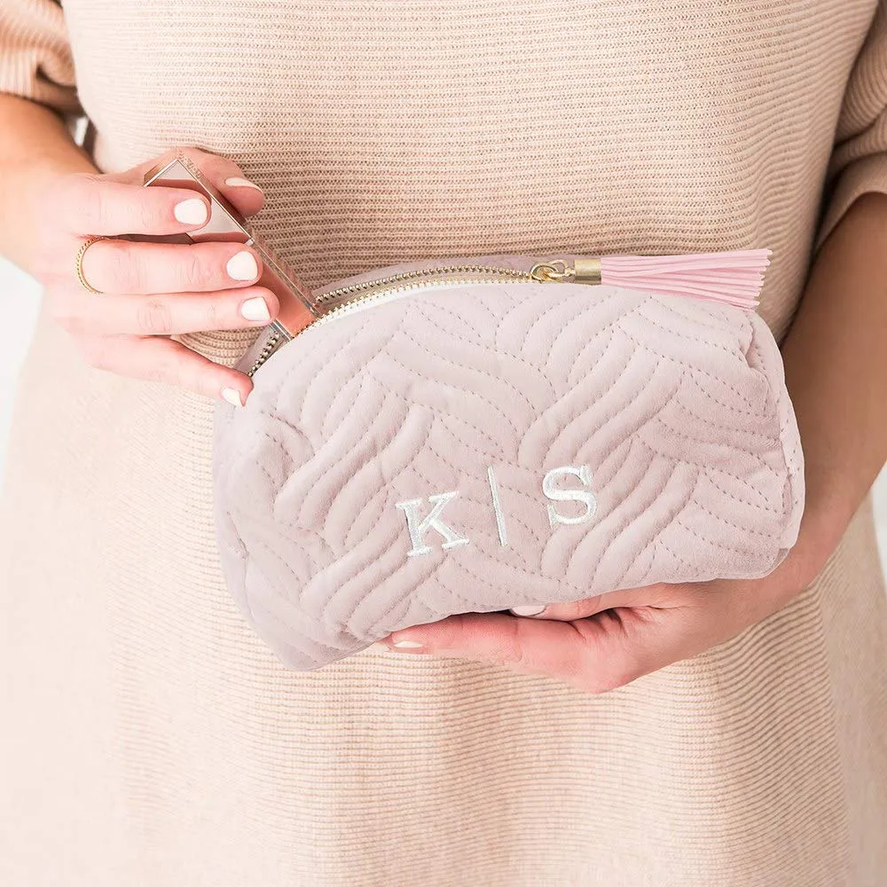 WEDDINGSTAR Small Personalized Velvet Quilted Makeup Bag For Women - Blush Pink