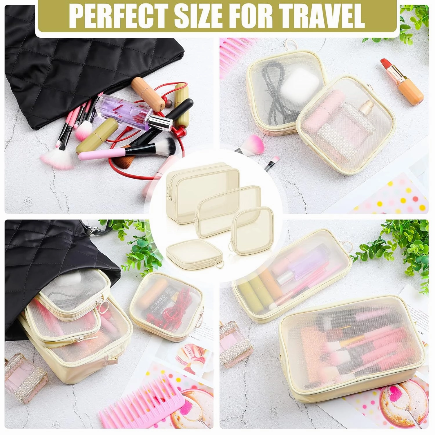 Weewooday 4 Pcs Mesh Makeup Bag Mesh Cosmetic Bag Travel Toiletry Pouch with Zipper Mini Makeup Cosmetic Purse for Daily Accessory(Small, Large, Medium,Beige)