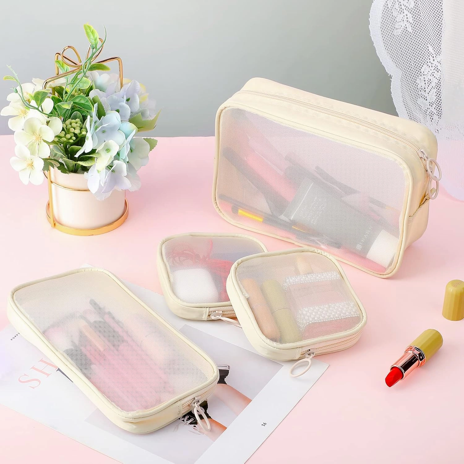 Weewooday 4 Pcs Mesh Makeup Bag Mesh Cosmetic Bag Travel Toiletry Pouch with Zipper Mini Makeup Cosmetic Purse for Daily Accessory(Small, Large, Medium,Beige)