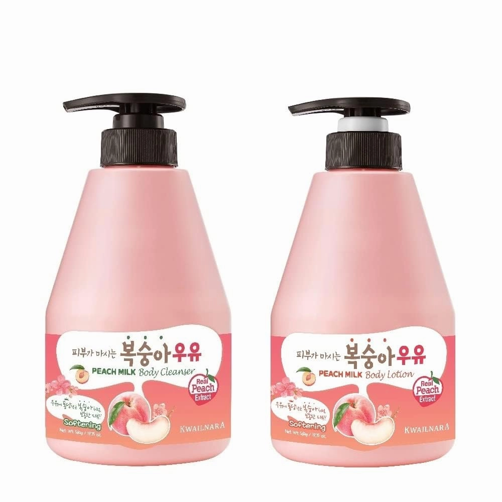 WELCOS Kwailnara Peach Milk Body Lotion & Body Wash Set – Hydrating & Nourishing Korean Skincare Set with Peach Extract, 560g / 19.75oz Each