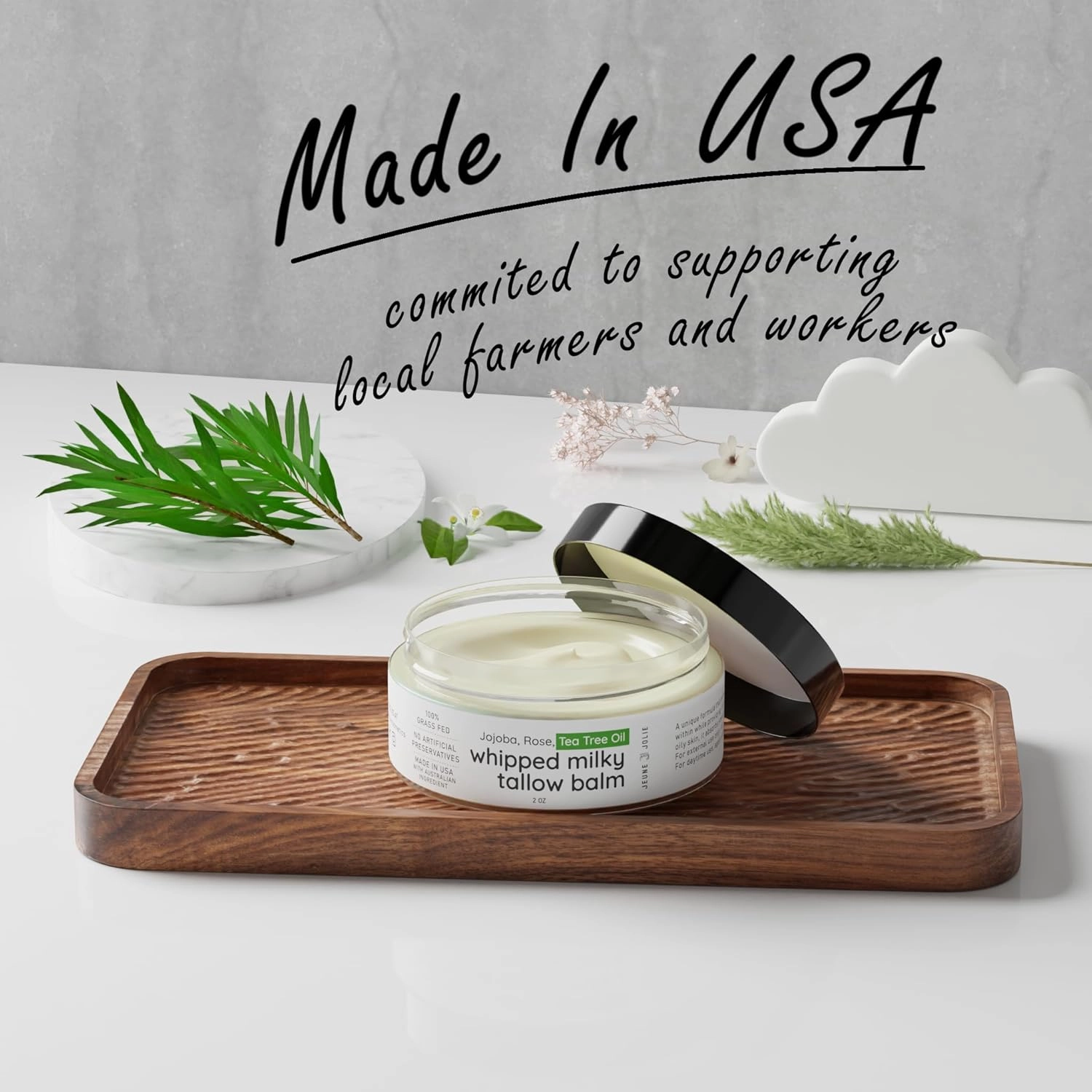 Whipped Milky Beef Tallow For Skin & Face | Made in USA | 100% Grass-Fed with All-Natural Organic Oils, Dewy Finish Beef Tallow Balm Moisturizer - For Sensitive Acne-Prone Skin, Tea Tree 2oz