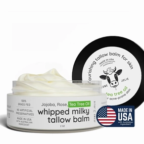 Whipped Milky Beef Tallow For Skin & Face | Made in USA | 100% Grass-Fed with All-Natural Organic Oils, Dewy Finish Beef Tallow Balm Moisturizer - For Sensitive Acne-Prone Skin, Tea Tree 2oz