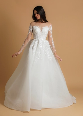 White sparkling sequin tulle wedding dress with long sleeves princess gown for hire