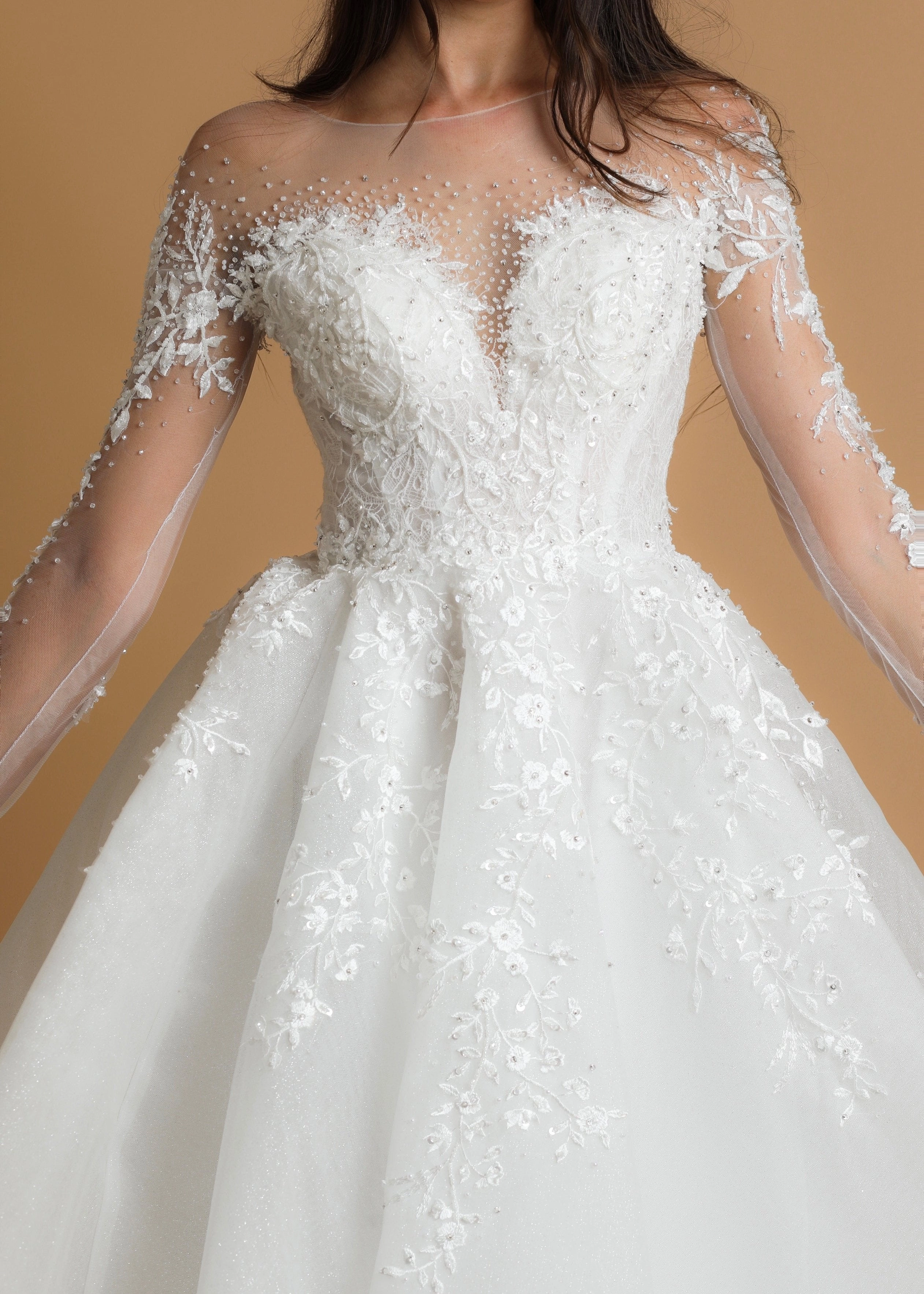 White sparkling sequin tulle wedding dress with long sleeves princess gown for hire