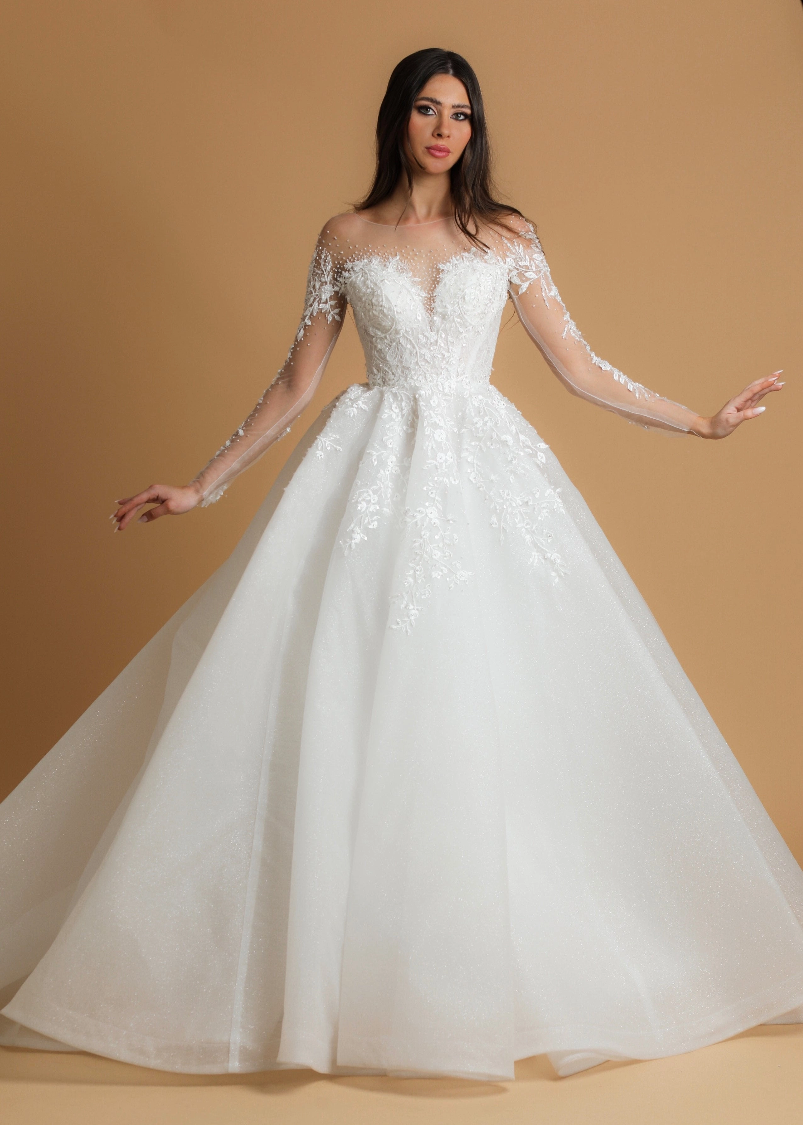 White sparkling sequin tulle wedding dress with long sleeves princess gown for hire