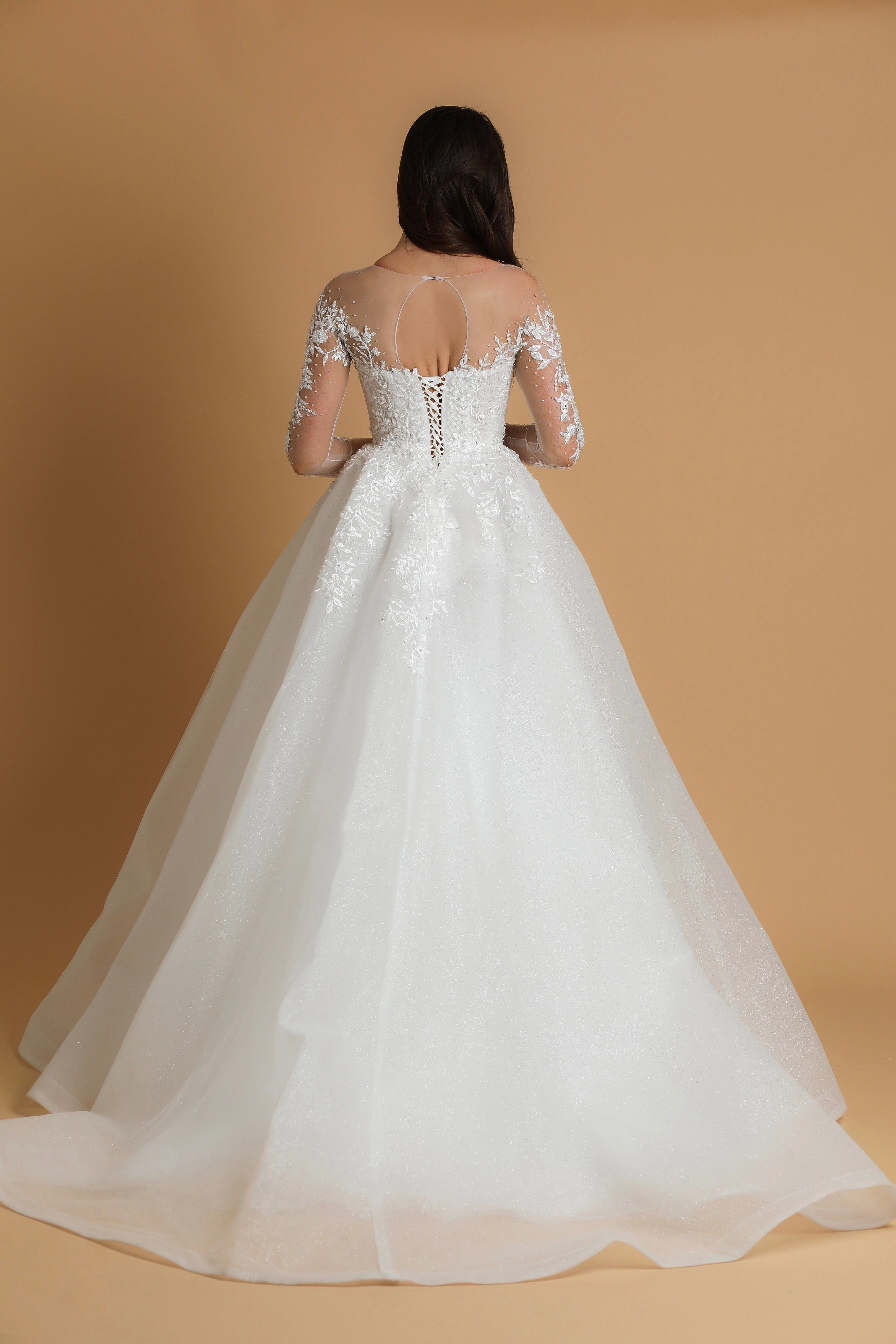 White sparkling sequin tulle wedding dress with long sleeves princess gown for hire