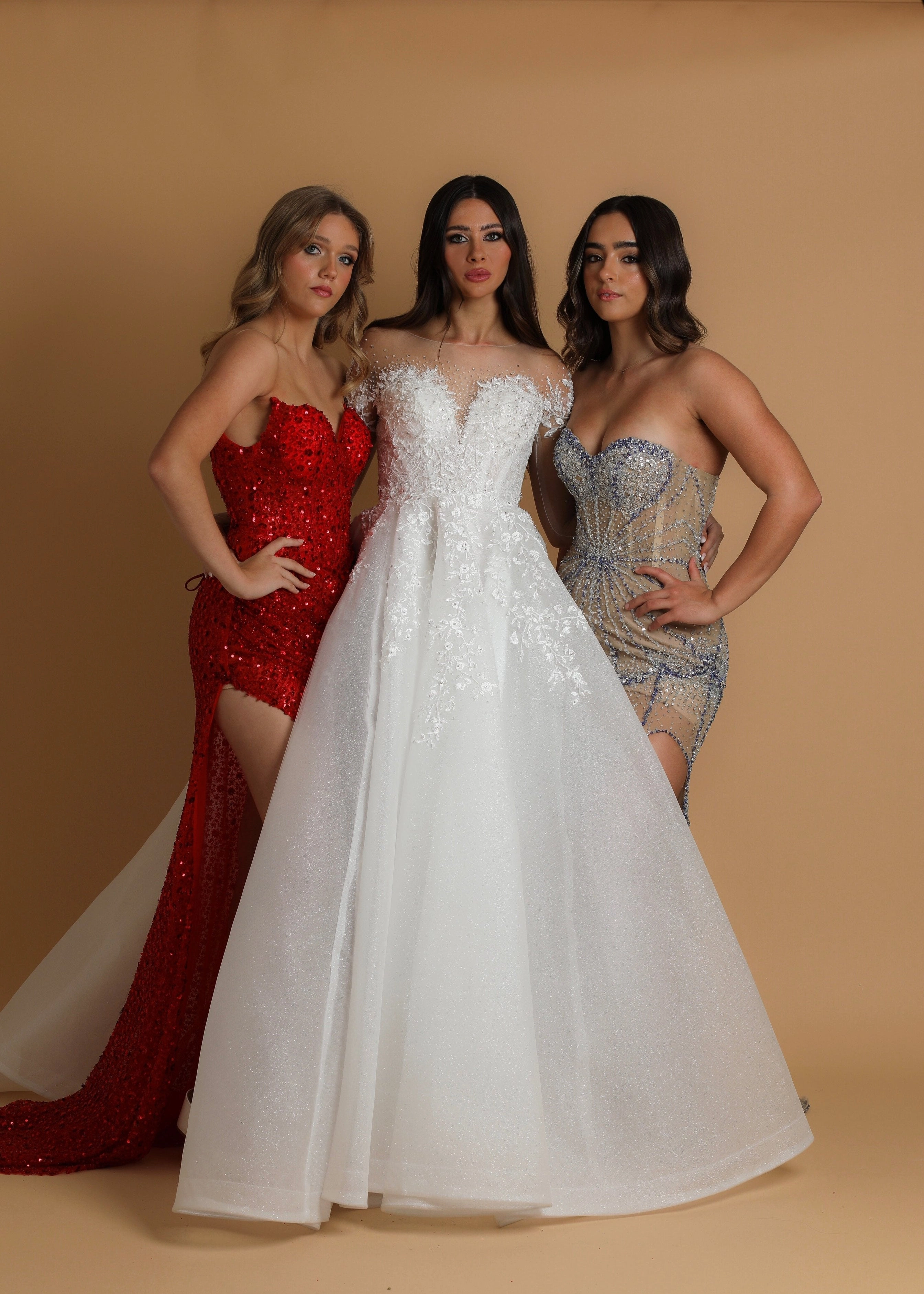 White sparkling sequin tulle wedding dress with long sleeves princess gown for hire