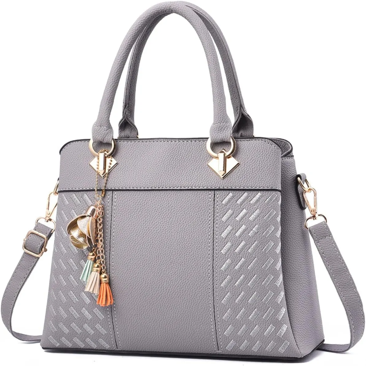 Women Leather Handbag and Purse Designer Shoulder Bag Flower Pendant Top-Handle Satchel Three Layer Pockets Tote