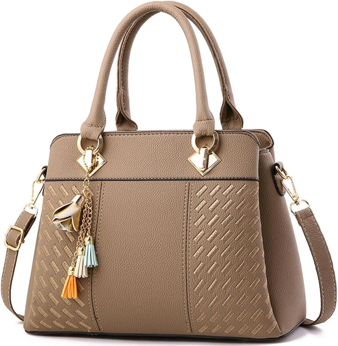 Women Leather Handbag and Purse Designer Shoulder Bag Flower Pendant Top-Handle Satchel Three Layer Pockets Tote