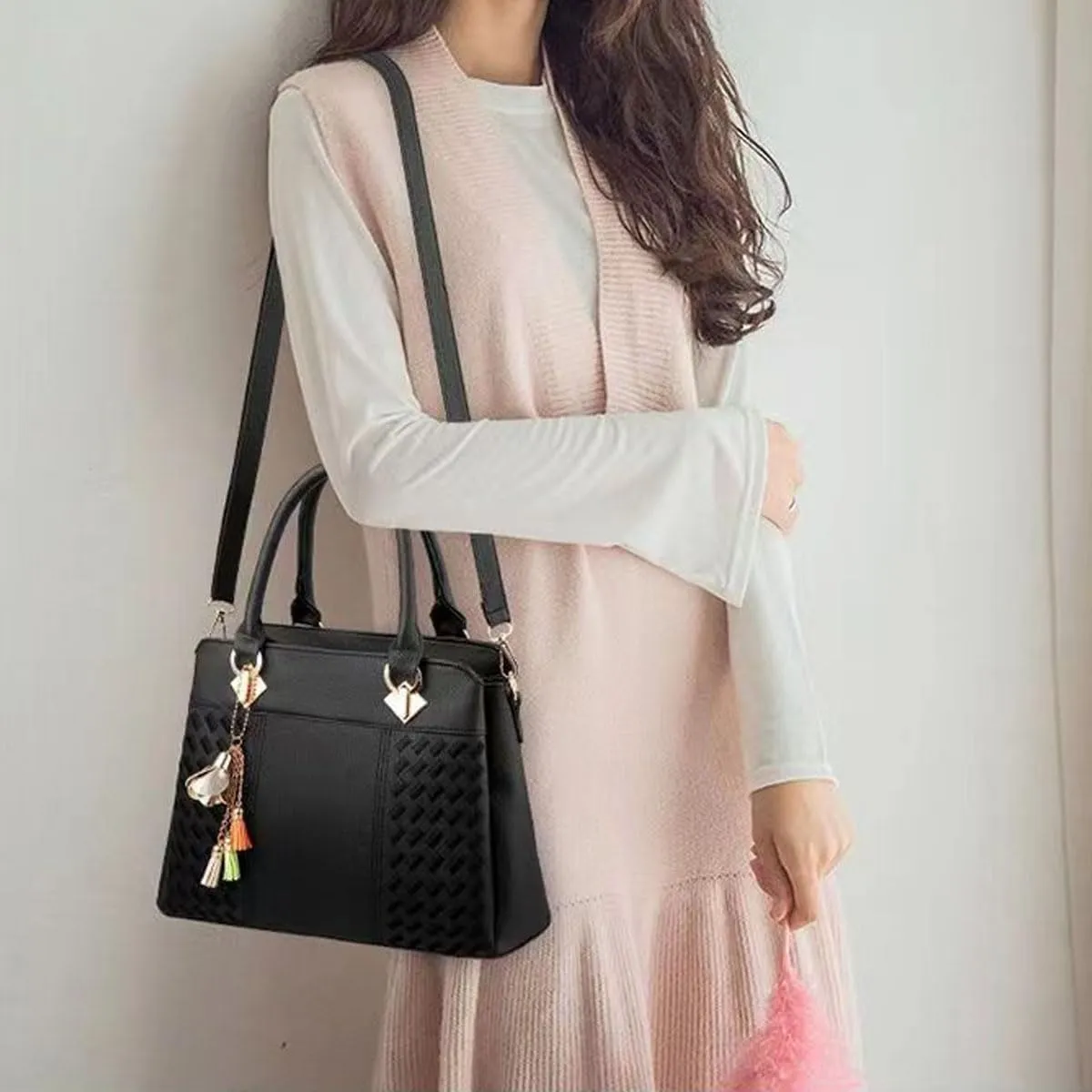 Women Leather Handbag and Purse Designer Shoulder Bag Flower Pendant Top-Handle Satchel Three Layer Pockets Tote