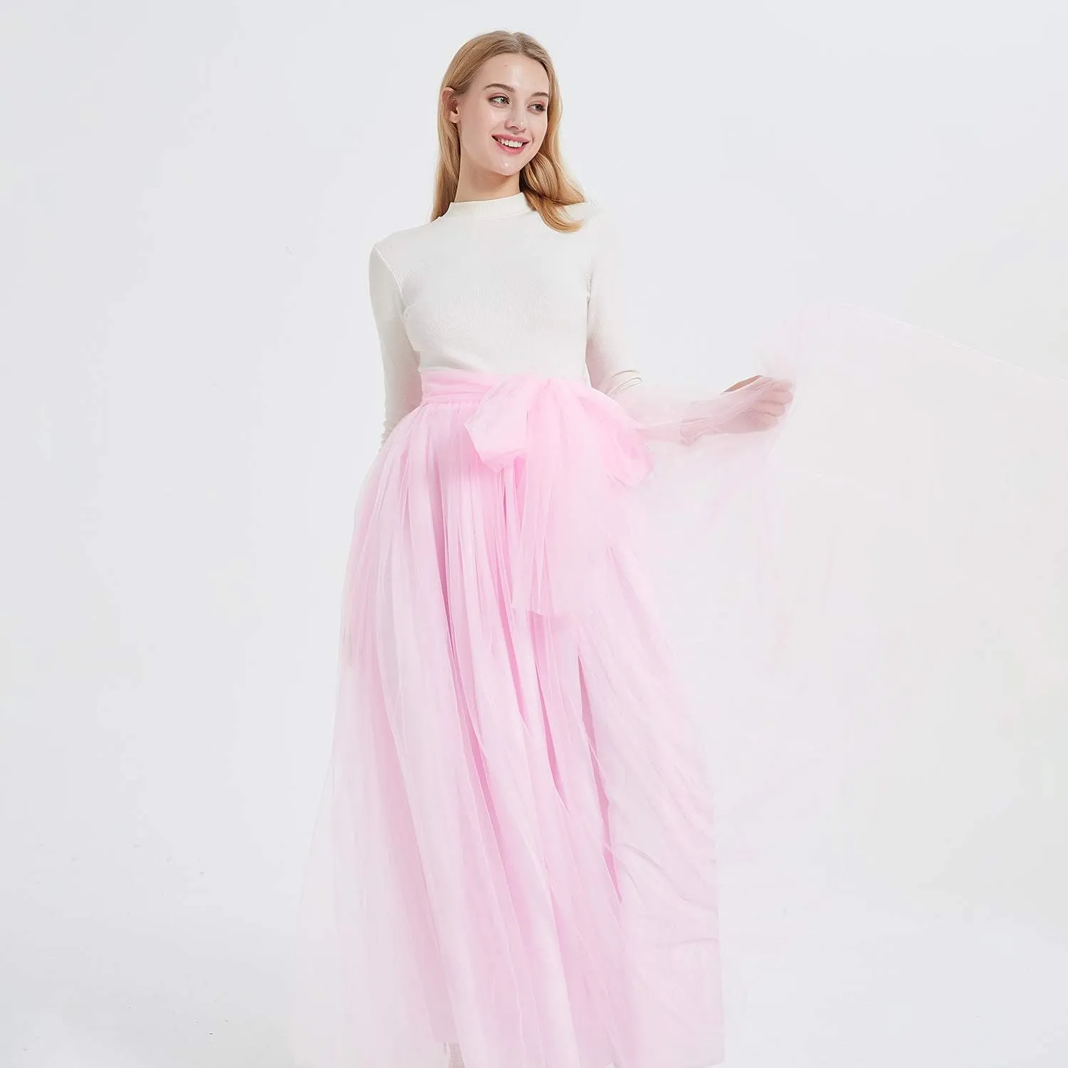 Women Wedding Long Maxi Puffy Tulle Skirt Floor Length A Line with Bowknot Belt High Waisted for Wedding Party Evening