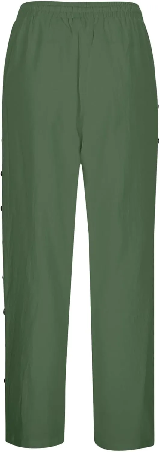 Womens Casual Linen Wide Leg Palazzo Pants Summer Dress Smocked Elastic High Waist Trousers Pant with Pockets