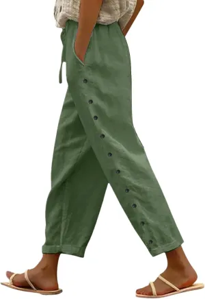 Womens Casual Linen Wide Leg Palazzo Pants Summer Dress Smocked Elastic High Waist Trousers Pant with Pockets