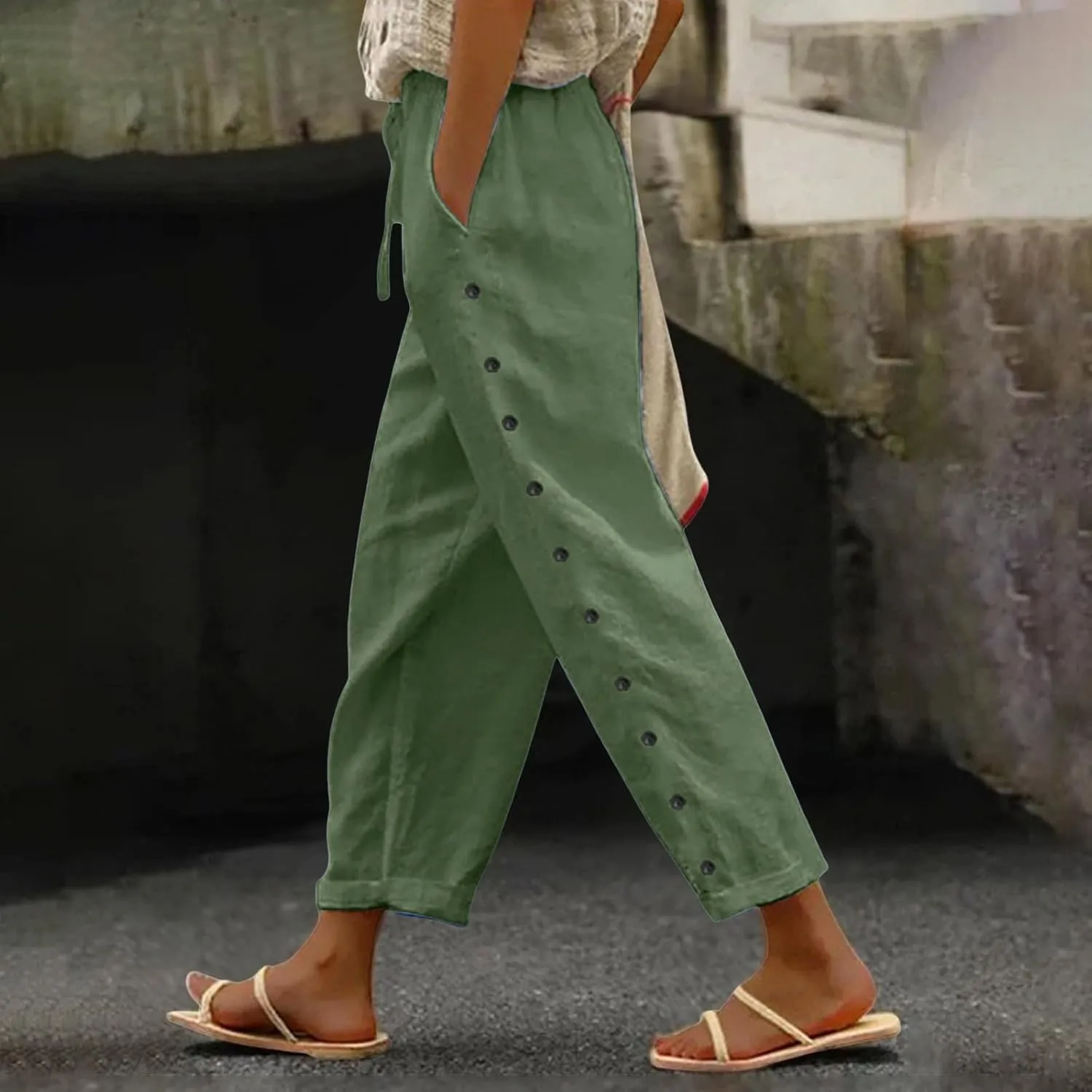 Womens Casual Linen Wide Leg Palazzo Pants Summer Dress Smocked Elastic High Waist Trousers Pant with Pockets