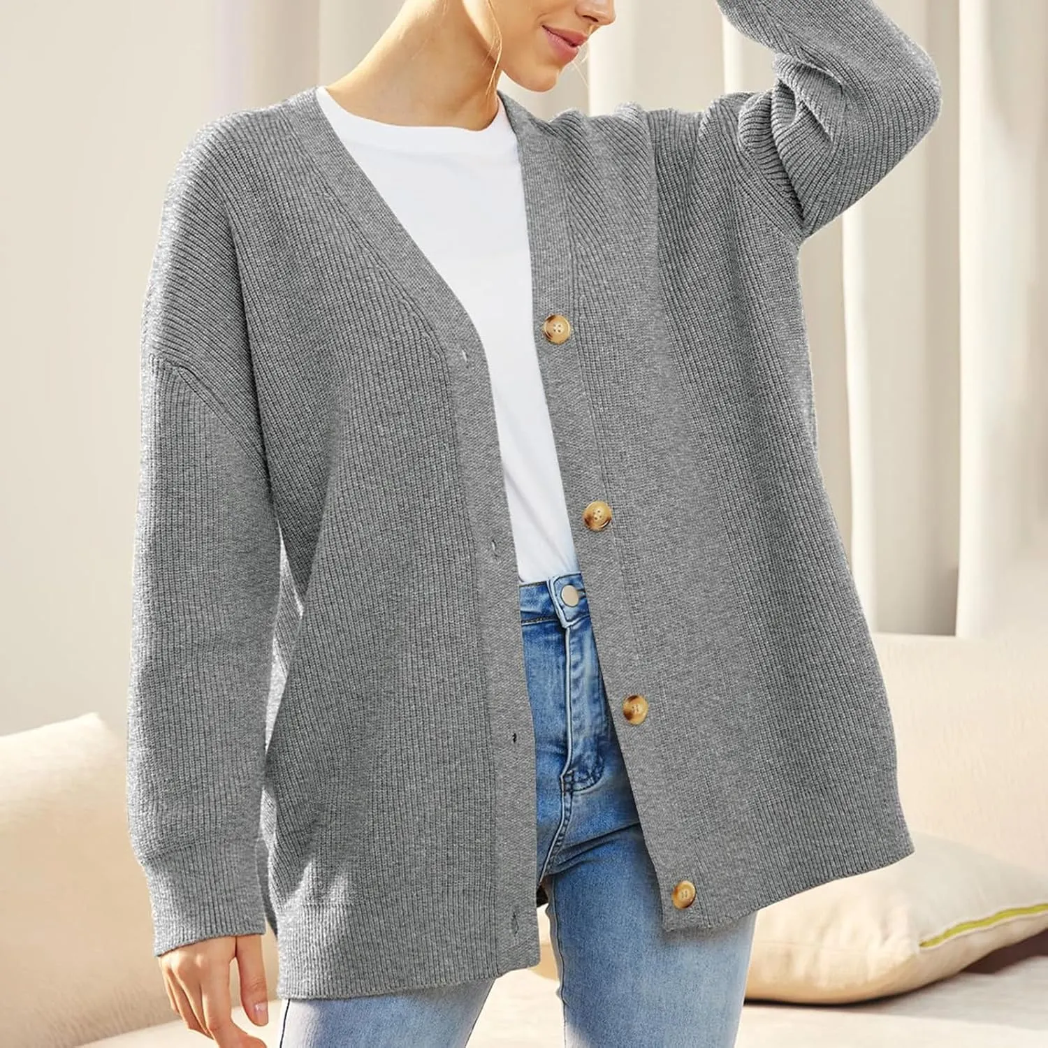Women's Fashion Beach Kimonos Oversized Button Lightweight Sweaters V Neck Loose Cardigans Women Cardigan 3/4