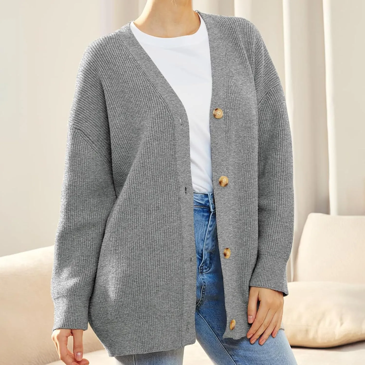 Women's Fashion Beach Kimonos Oversized Button Lightweight Sweaters V Neck Loose Cardigans Women Cardigan 3/4