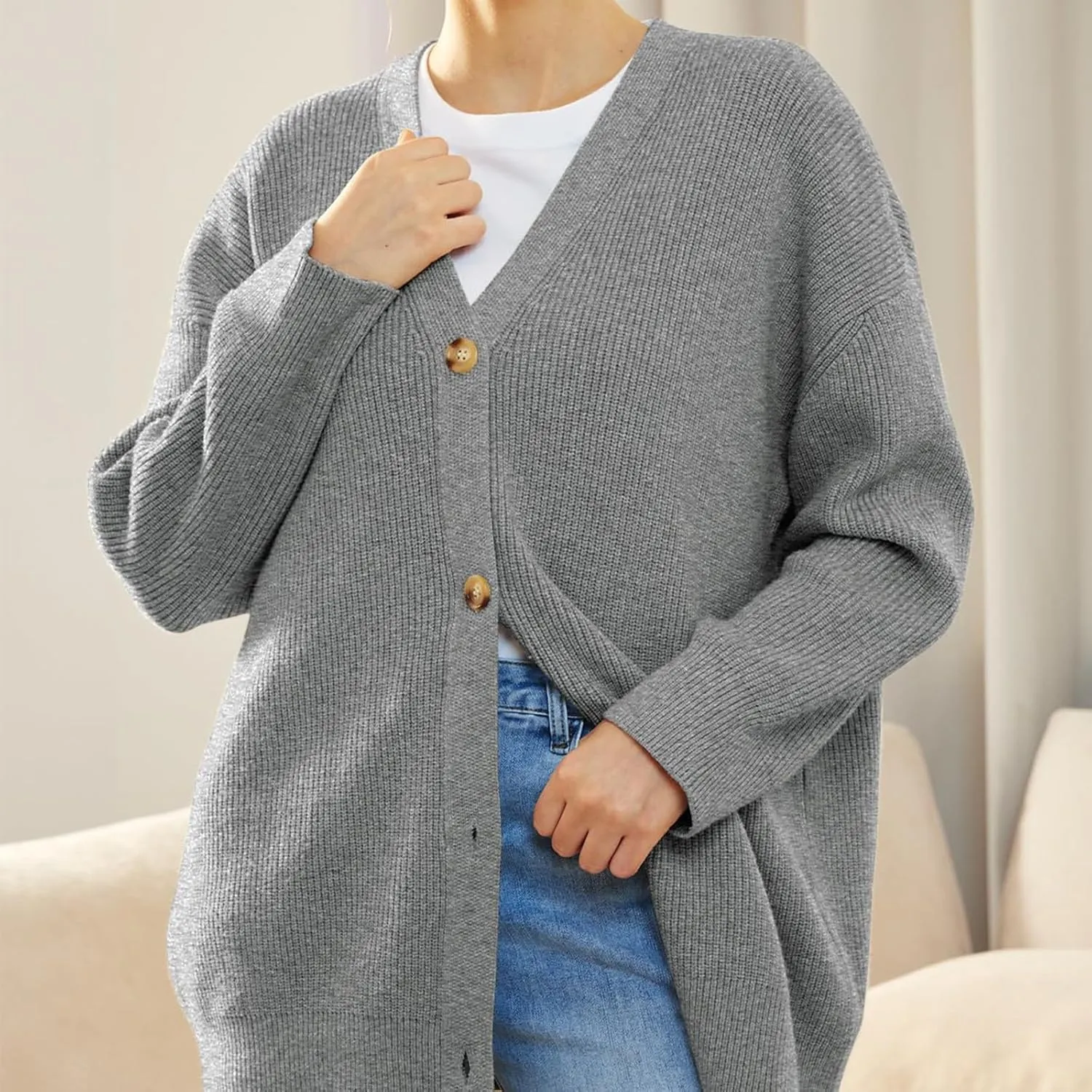 Women's Fashion Beach Kimonos Oversized Button Lightweight Sweaters V Neck Loose Cardigans Women Cardigan 3/4