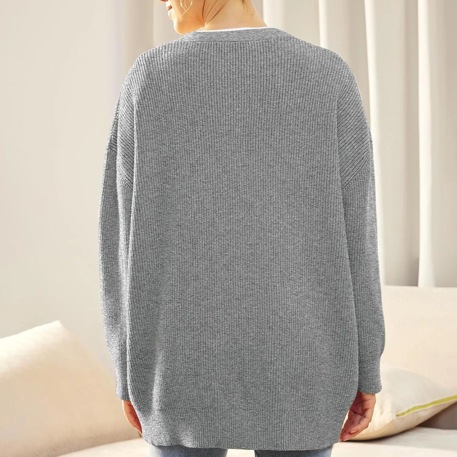 Women's Fashion Beach Kimonos Oversized Button Lightweight Sweaters V Neck Loose Cardigans Women Cardigan 3/4
