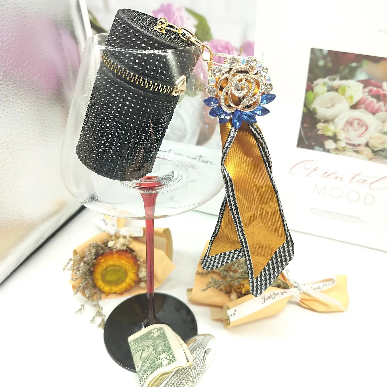 YIUMLMN Stylish Lipstick Case, Mini Lipstick Bag Diamond Encrusted Exterior, Keychain Lipstick Case Easy to Carry, Suitable for Hanging on Keys and Bags(Random style silk scarf)