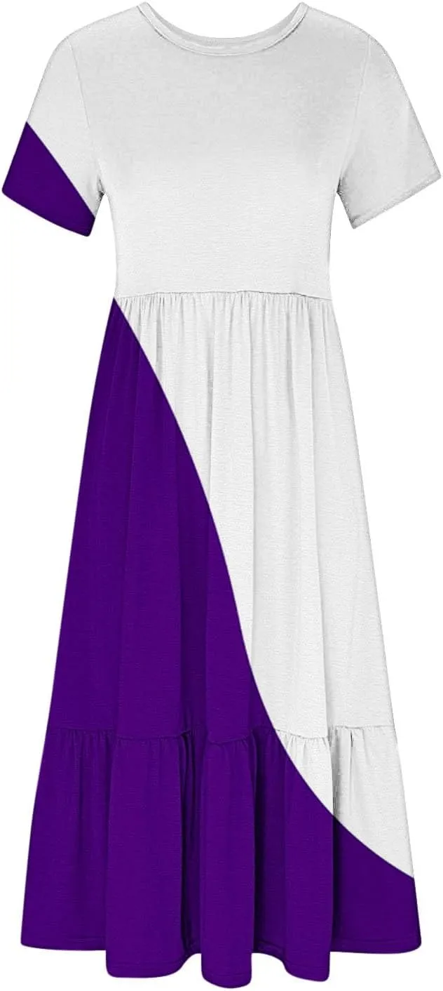 ZDRZK Casual Dresses for Women Tiered Flowy Swing Summer Beach Maxi Dresses Color Block Beach Long Dress with Pockets