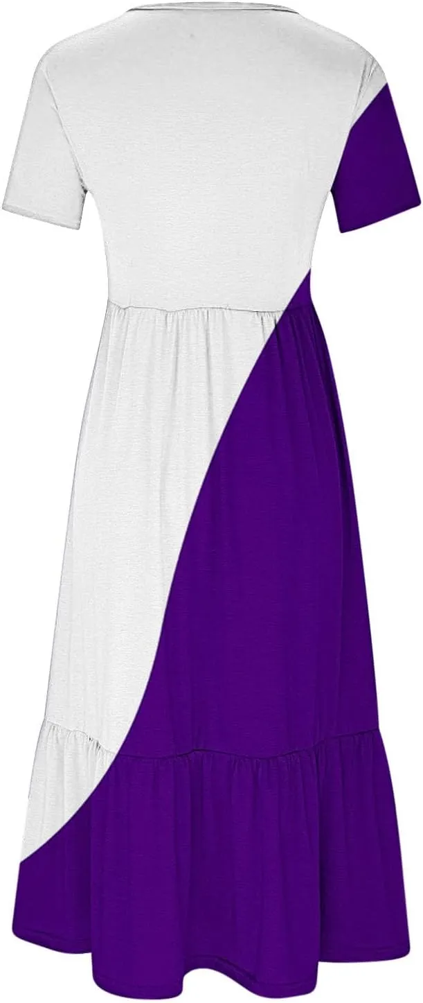 ZDRZK Casual Dresses for Women Tiered Flowy Swing Summer Beach Maxi Dresses Color Block Beach Long Dress with Pockets