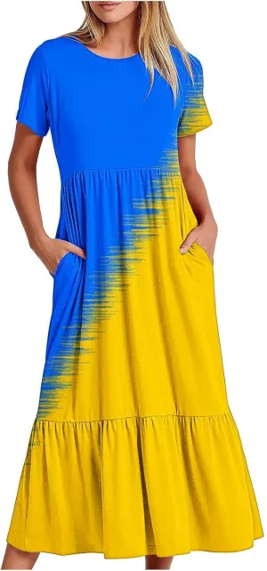 ZDRZK Casual Dresses for Women Tiered Flowy Swing Summer Beach Maxi Dresses Color Block Beach Long Dress with Pockets