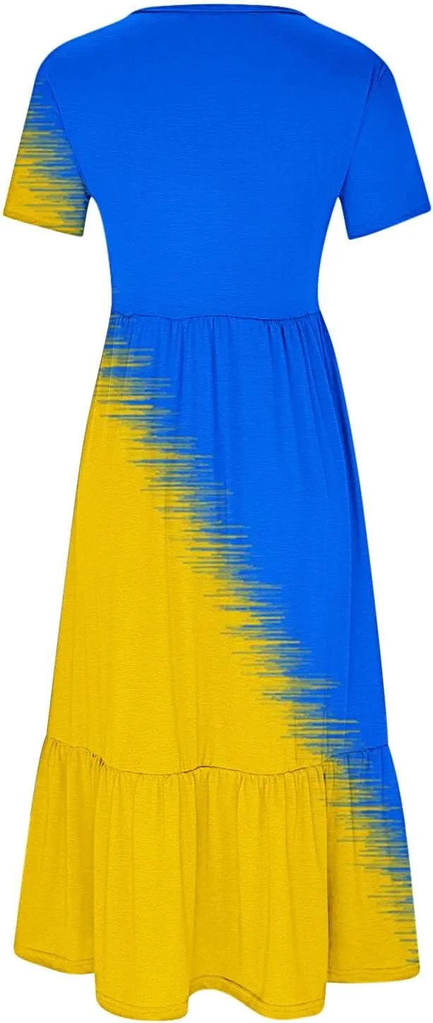 ZDRZK Casual Dresses for Women Tiered Flowy Swing Summer Beach Maxi Dresses Color Block Beach Long Dress with Pockets