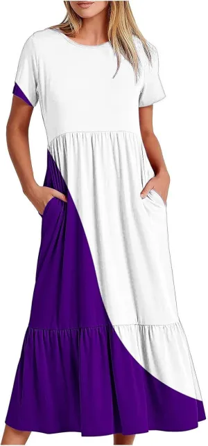 ZDRZK Casual Dresses for Women Tiered Flowy Swing Summer Beach Maxi Dresses Color Block Beach Long Dress with Pockets