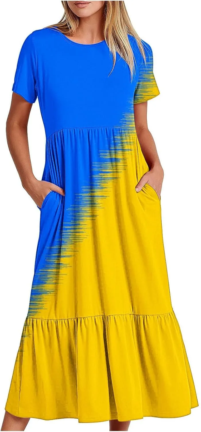 ZDRZK Casual Dresses for Women Tiered Flowy Swing Summer Beach Maxi Dresses Color Block Beach Long Dress with Pockets