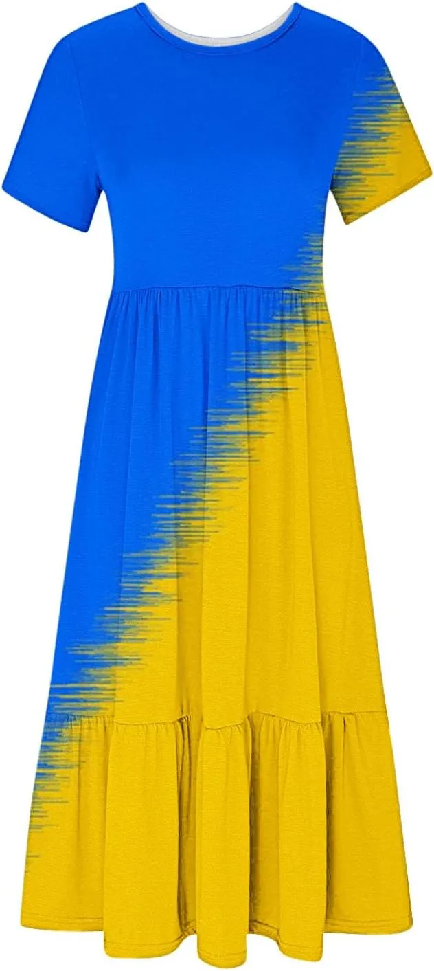 ZDRZK Casual Dresses for Women Tiered Flowy Swing Summer Beach Maxi Dresses Color Block Beach Long Dress with Pockets