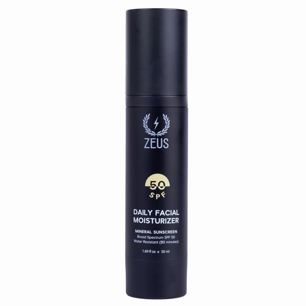 ZEUS Men's Daily Defense SPF50 Face Moisturizer for Men, Natural & Organic, Zinc Oxide Face Moisturizing Mineral Sunscreen, Hydrates & Protects Skin Against Harmful UVA/B rays (Made in USA) Unscented