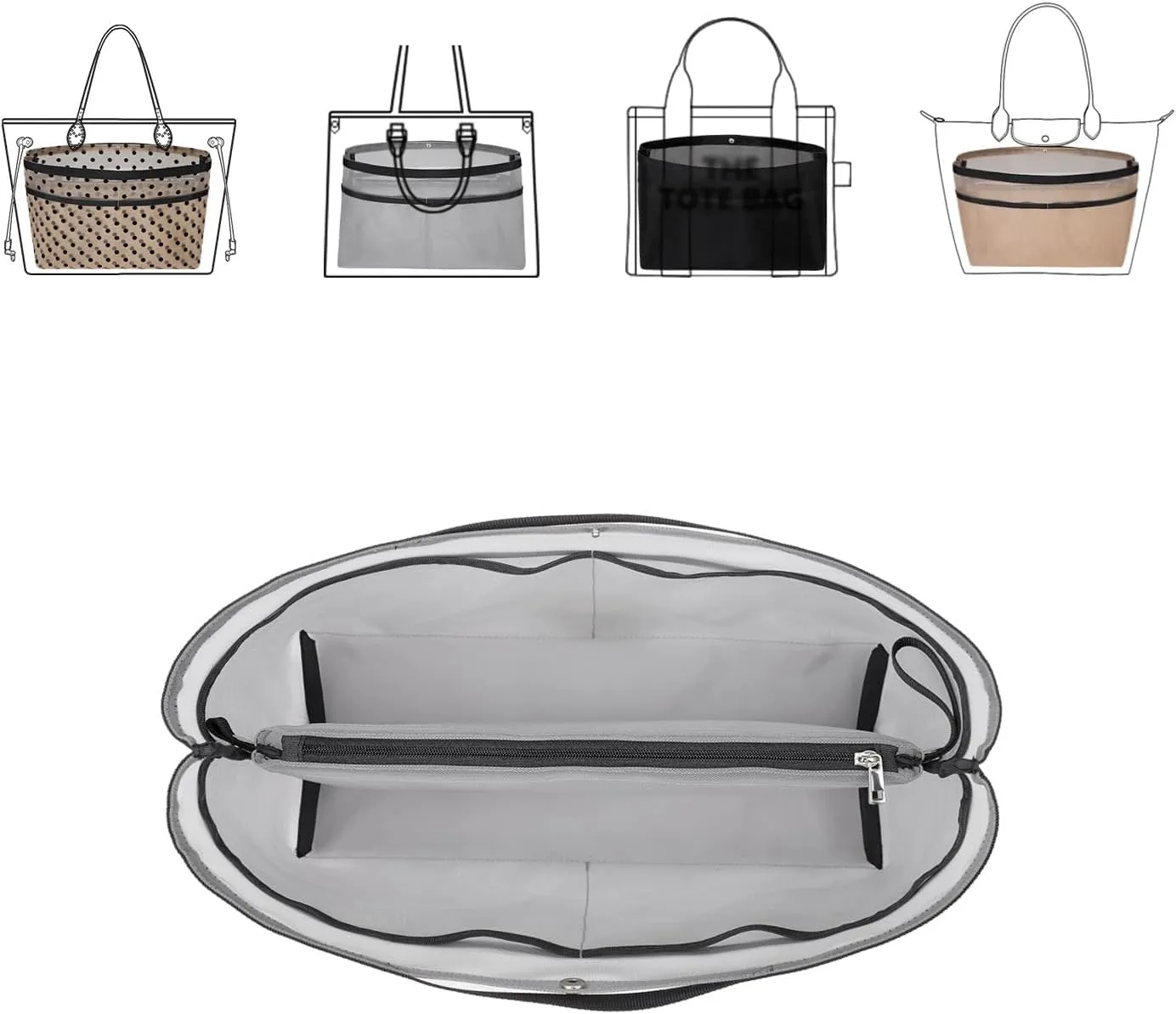 ZTUJO Purse Organizer Insert For Handbags,Mesh Bag Organizer Insert With Zipper Bag Tote Shaper Fit Speedy Neverful PM MM le Pliage,Light Weight (Grey, Medium)