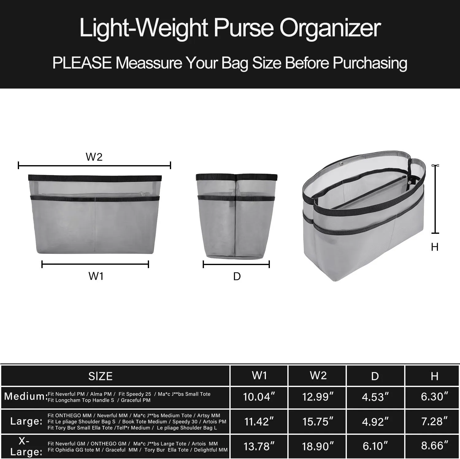 ZTUJO Purse Organizer Insert For Handbags,Mesh Bag Organizer Insert With Zipper Bag Tote Shaper Fit Speedy Neverful PM MM le Pliage,Light Weight (Grey, Medium)
