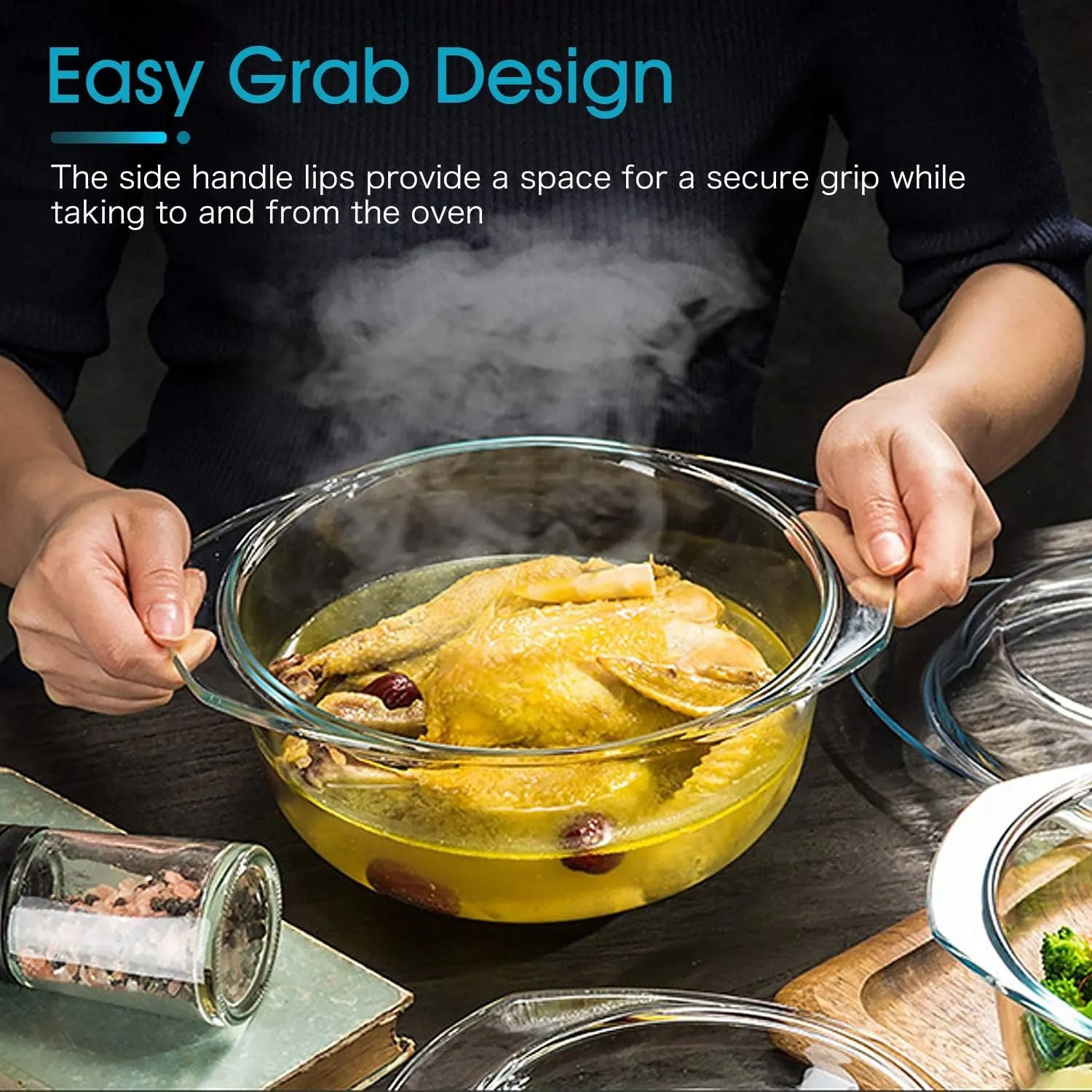 ZYER Round Glass Casserole Dish With Glass Lid,Covered Glass Bakeware Easy Grab Glass Microwave Bowls with Glass Lid (2.5L)