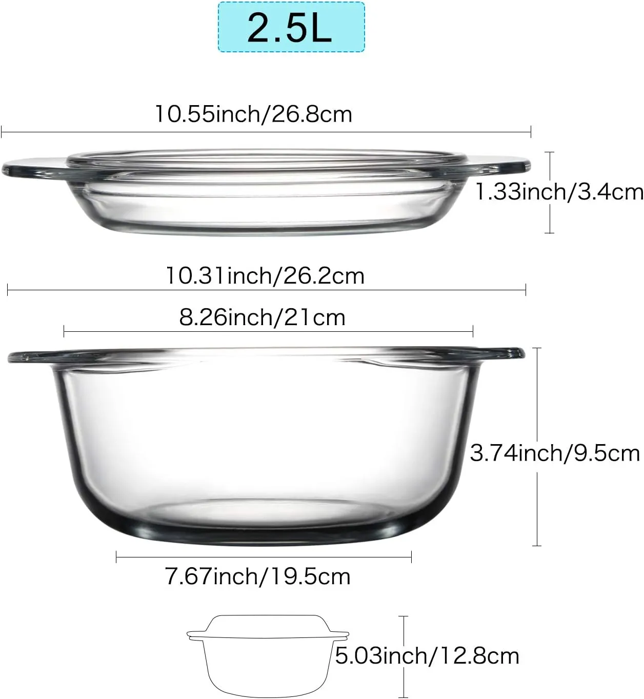 ZYER Round Glass Casserole Dish With Glass Lid,Covered Glass Bakeware Easy Grab Glass Microwave Bowls with Glass Lid (2.5L)