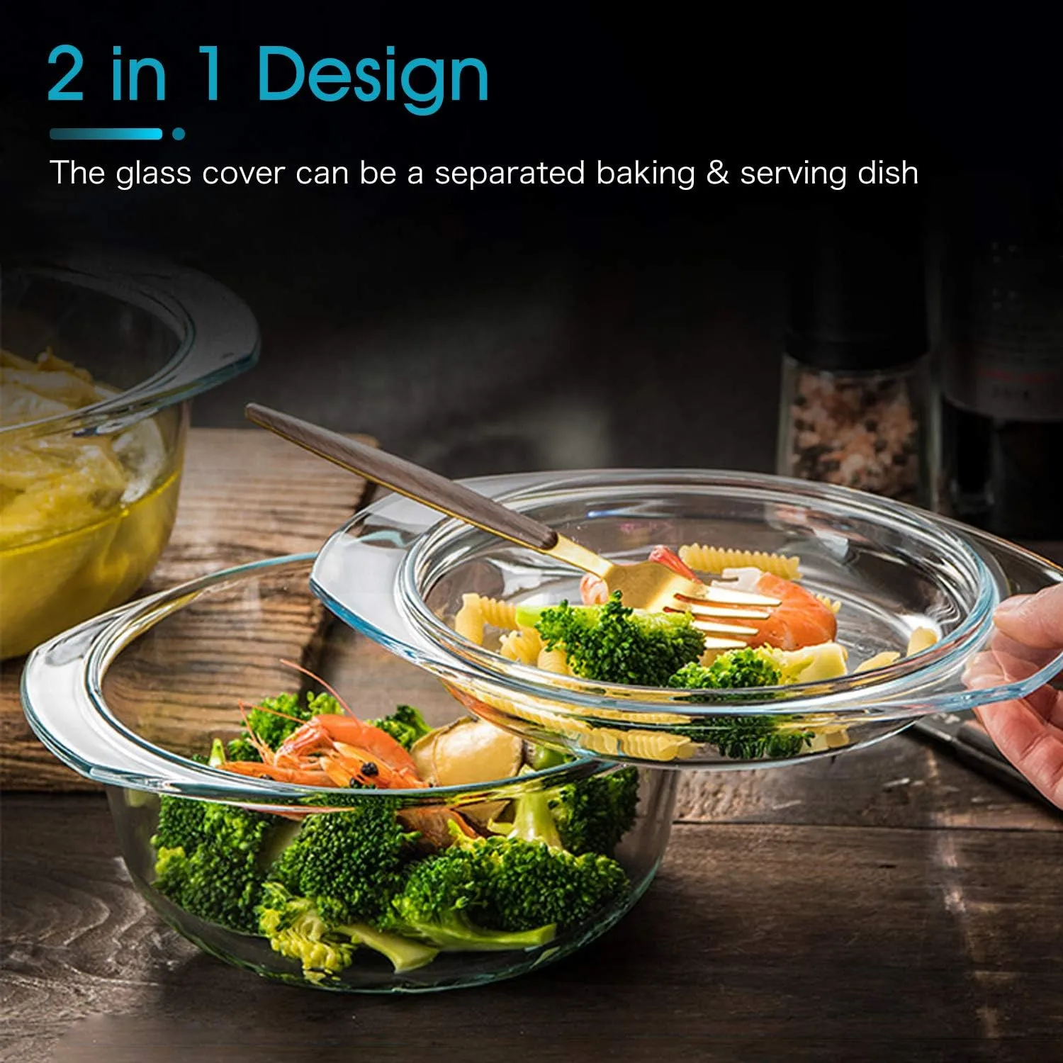 ZYER Round Glass Casserole Dish With Glass Lid,Covered Glass Bakeware Easy Grab Glass Microwave Bowls with Glass Lid (2.5L)